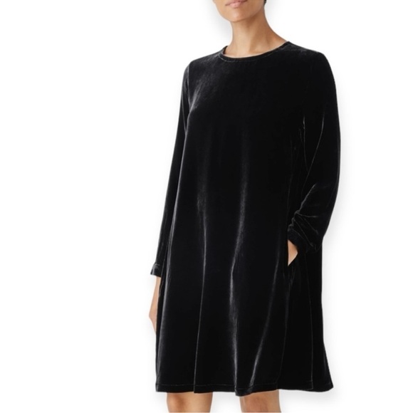 EILEEN FISHER CREW NECK VELVET DRESS KNEE-LENGTH SILK BLACK XXS $348 NEW - Picture 2 of 14